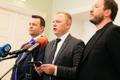 Lauri Läänemets (SDE), Mart Võrklaev (Reform) and Margus Tsahkna (Eesti 200) providing updates on ongoing coalition talks at Wednesday's press conference. March 15, 2023.