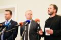 Lauri Läänemets (SDE), Mart Võrklaev (Reform) and Margus Tsahkna (Eesti 200) providing updates on ongoing coalition talks at Wednesday's press conference. March 15, 2023.