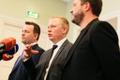 Lauri Läänemets (SDE), Mart Võrklaev (Reform) and Margus Tsahkna (Eesti 200) providing updates on ongoing coalition talks at Wednesday's press conference. March 15, 2023.