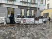 People gathering around the Russian Embassy in Tallinn on polling day.