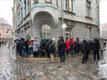 People gathering around the Russian Embassy in Tallinn on polling day.