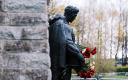 Visitors attending the Bronze Soldier monument in Tallinn on the morning of May 9, 2024.