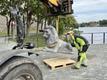 The lion statues on Narva's riverside promenade..