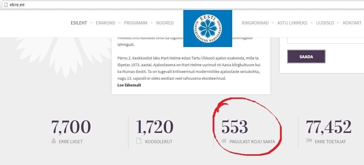 EKRE kodulehekülg tahab koju saata pagulased, keda Eestis ei olegi.
