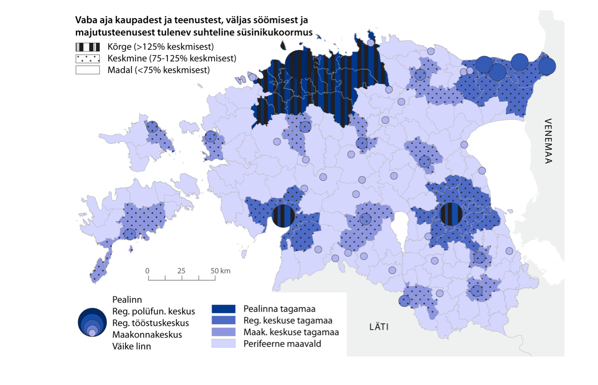 Vabaajakaupadest ja -teenustes, väljas söömisest ja majutusteenusest tulenev suhteline süsinikukoormus Eesti eri piirkondades.