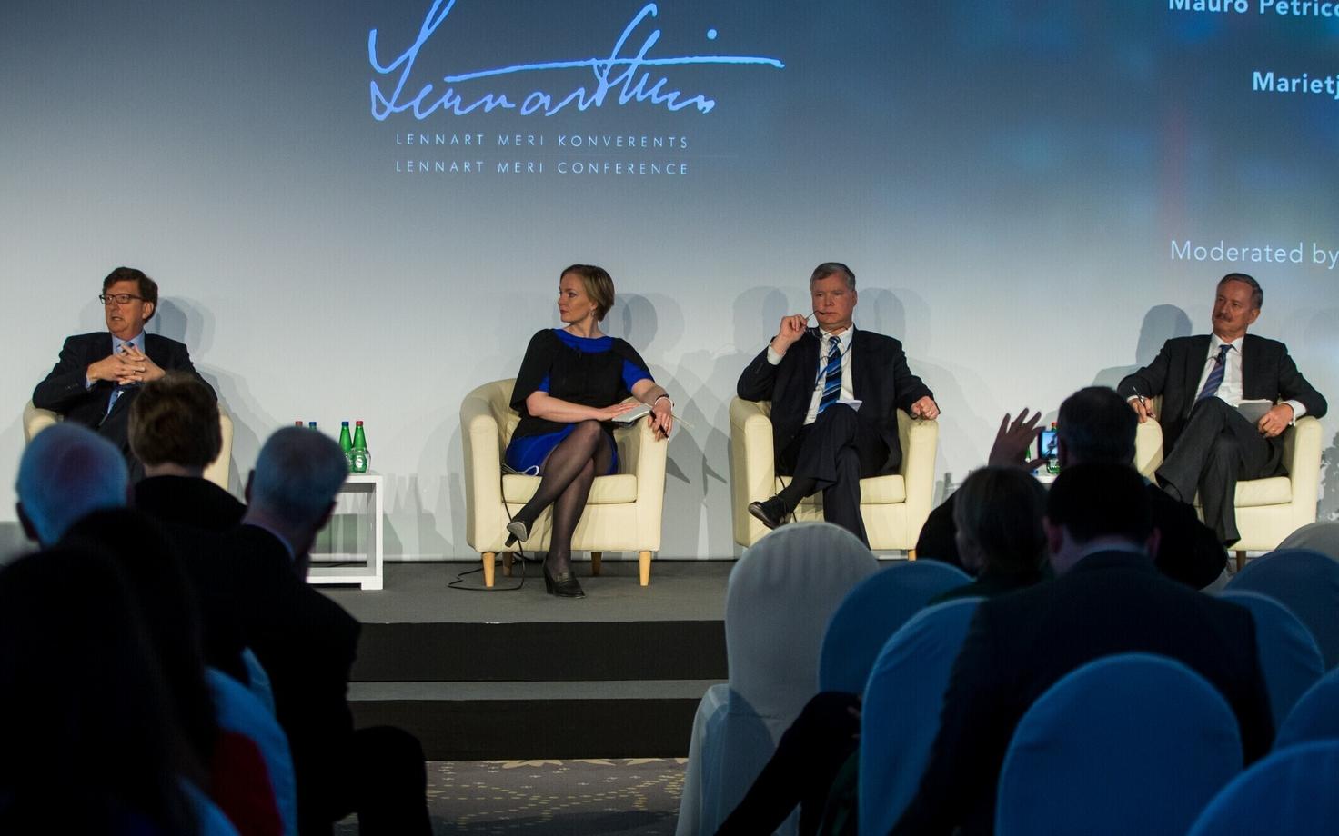 Mauro Petriccione (far left), Marietje Schaake, Stephen Biegun and Siim Kallas speaking at a panel on free trade at the Lennart Meri Conference on Sunday. May 14, 2017.