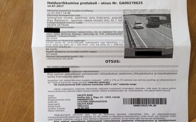 Läti politsei eestikeelne kiiruskaamera trahviteade.