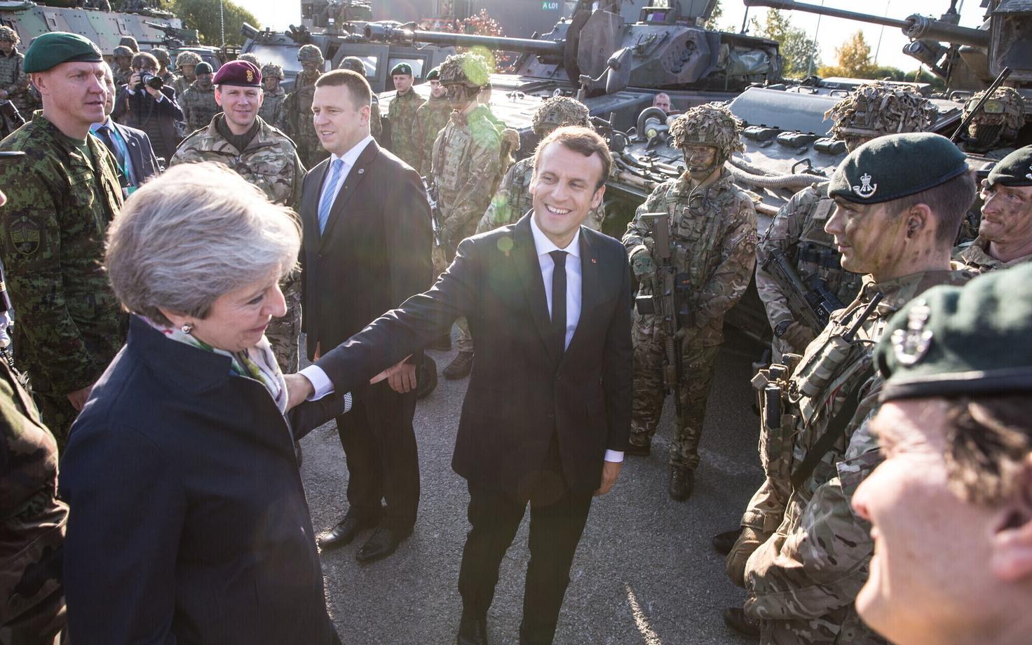President Emmanuel Macron, former UK Prime Minister Theresa May and Estonian Prime Minister Jüri Ratas at Tapa, Estonia on September 29, 2017.
