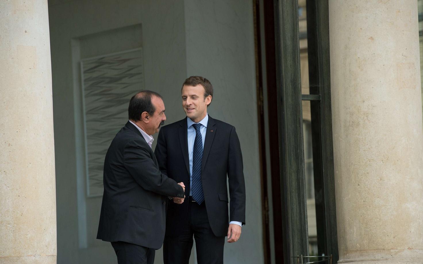 Ametiühingu CGT (Confédération générale du travail) peasekretär Philippe Martinez ja president Emmanuel Macron.