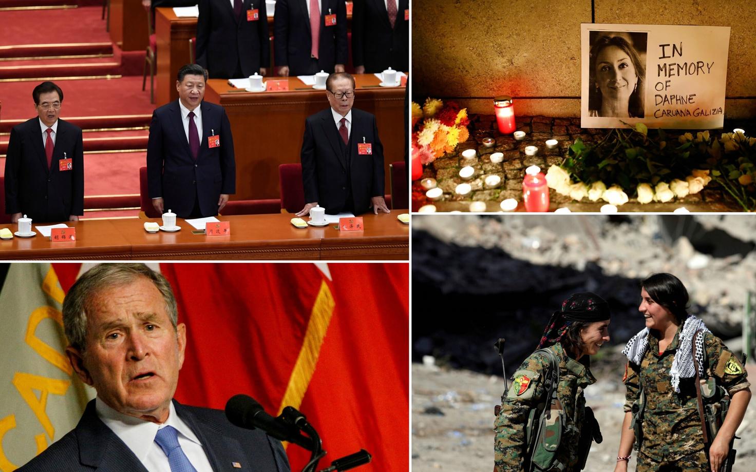 Hiina president Xi Jinping (keskel) ja tema eelkäijad Hu Jintao (vasakul) ja Jiang Zemin; 16. oktoobril tapetud Malta ajakirjanik Daphne Caruana mälestamine; USA ekspresident George W. Bush; kurdi naissõdurid Raqqas.