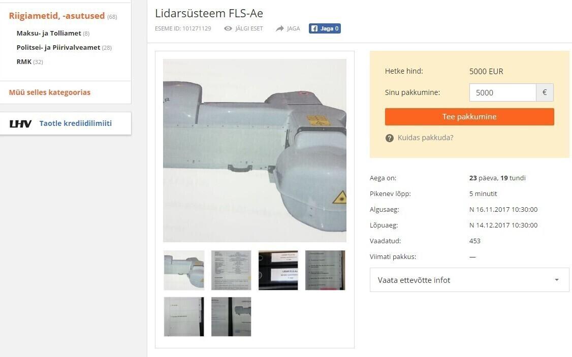 Sertifitseerimata lidari alghind on 5000 eurot. Esimene oksjon nurjus.