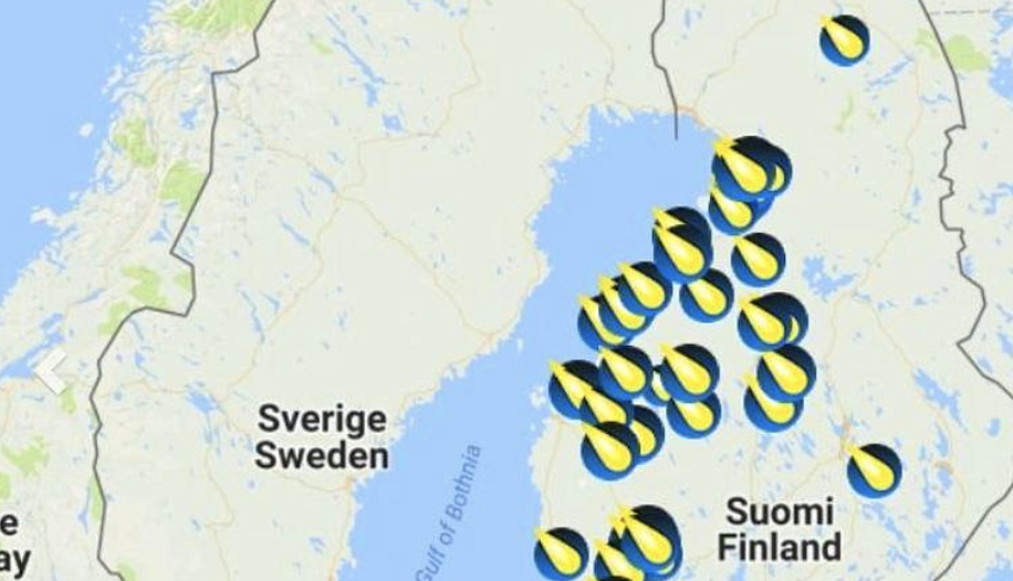 Taivaanvahti kaart kohtadest, kus inimesed Soomes valguskera nägid.