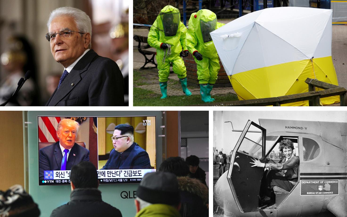 Itaalia president Sergio Mattarella (Reuters), eksperdid Salisburys Skripali mürgitamist uurimas (Reuters), Trump ja Kim L-Korea ekraanil (AFP), Amelia Earhart 1936. aastal (Wikimedia Commons).