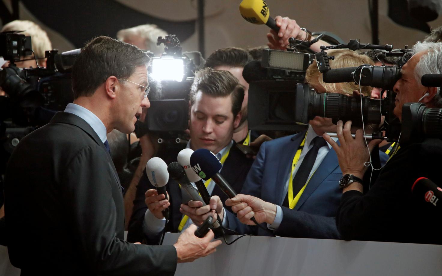 Dutch Prime Minister Mark Rutte talking to journalists in Brussels. Rutte has recently intensified the Netherlands' efforts to find partners in the EU for its own economic agenda.