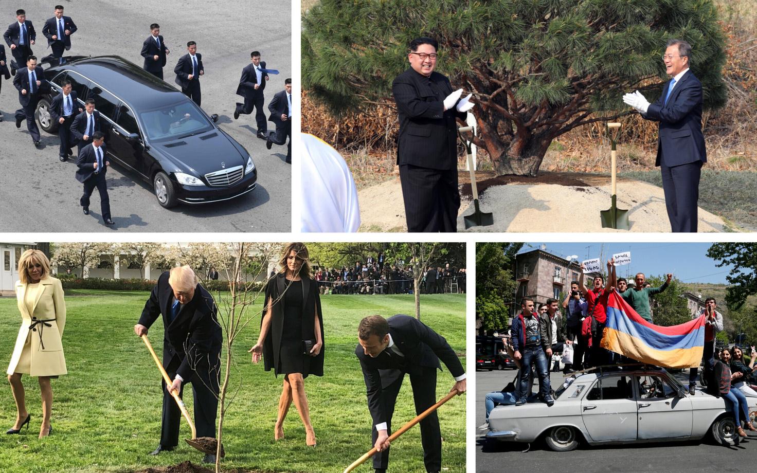 Turvamehed Kim Jong-uni auto ümber (AFP), Kim ja Moon rahupuud istutamas (SIPA), Macron ja Trump puud istutamas (Reuters), meeleavaldajad Jerevanis (Reuters).