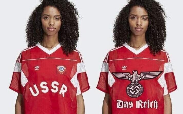 Vasakul Adidase Nõukogude Liidu sümboolikaga toode, paremal Twitteri-kasutaja Ievgen Olefirenko irooniiline fototöötlus.