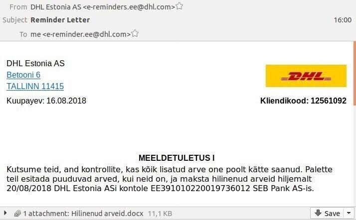 Фальшивое письмо DHL Estonia.