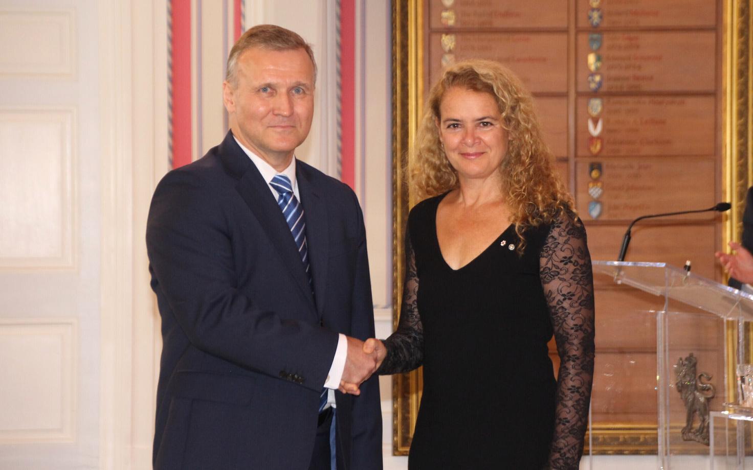 Estonian Ambassador to Canada Toomas Lukk with Canadian Governor-General Julie Payette.