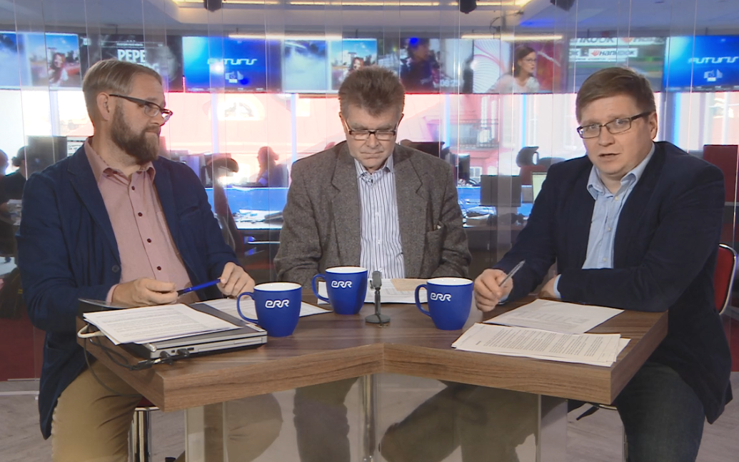 Anvar Samost, Juhan Kivirähk and Urmet Kook discussing the results of the October party ratings. 18 October 2018.