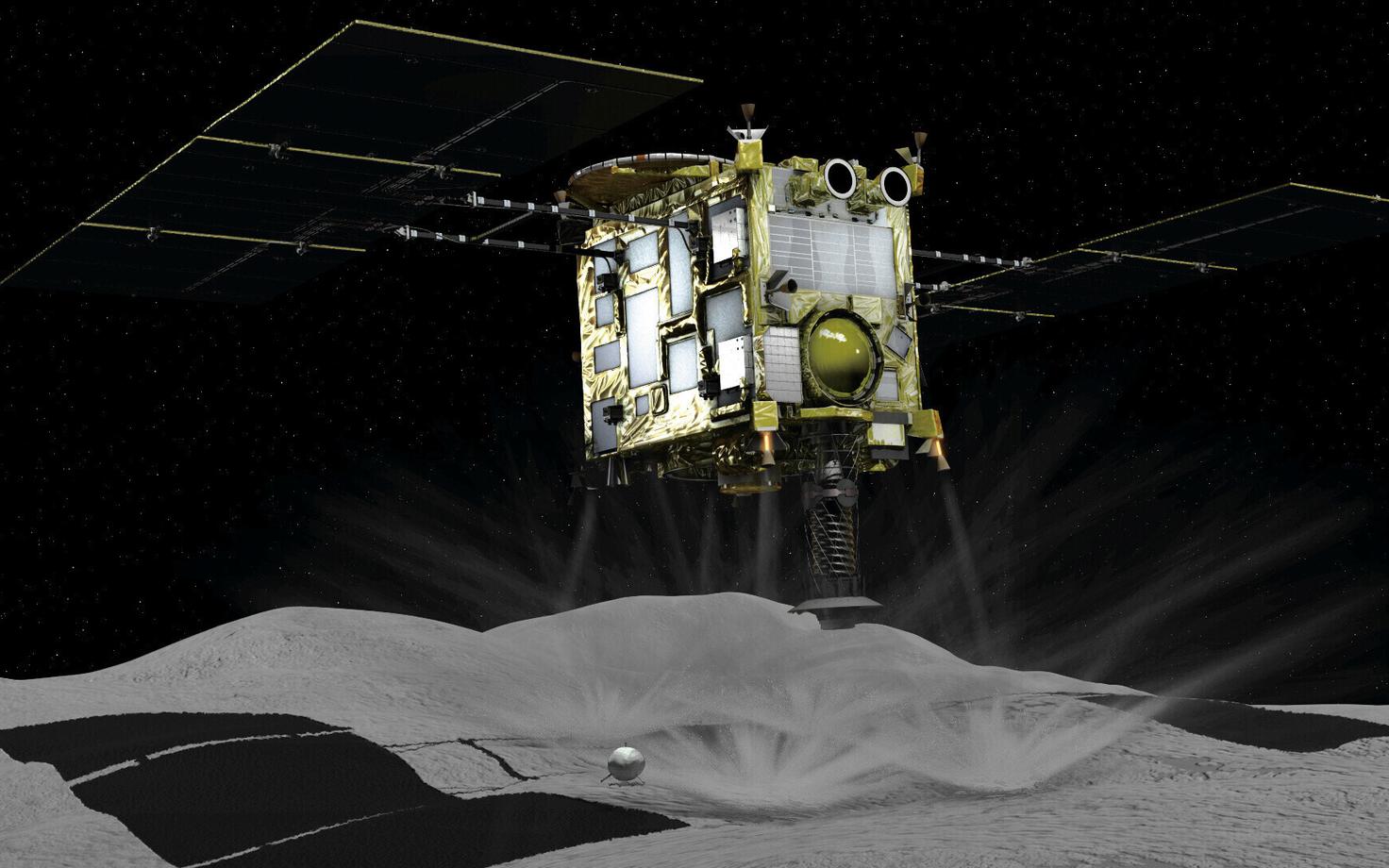Arvutiga loodud kujutis asteroidi Ryugu uurima saadetud kosmosesondist Hayabusa2.