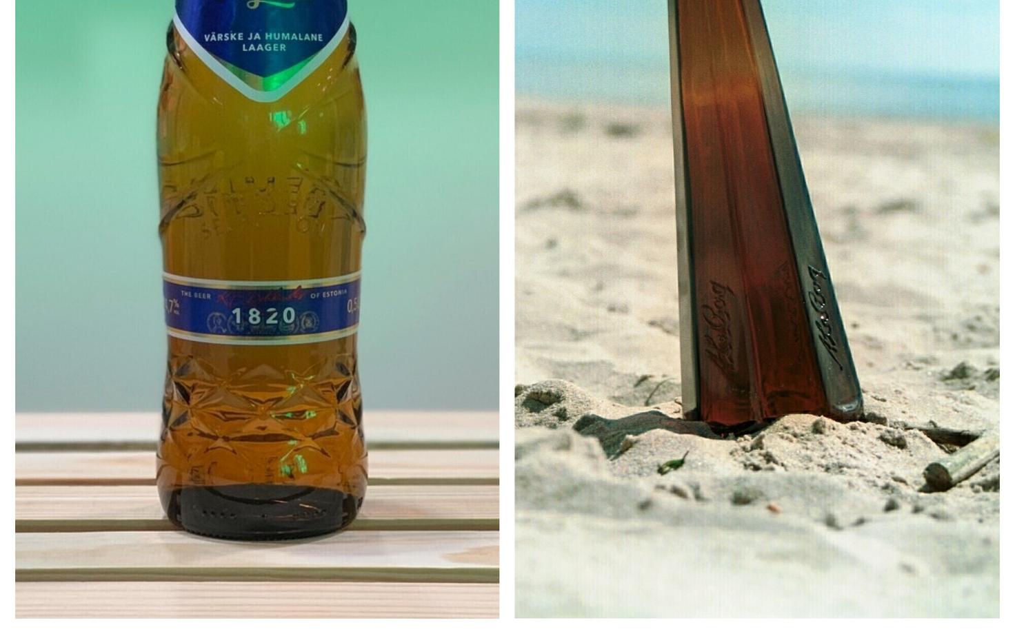 Saku õlle uus pudel, kõrval aastatetagune A Le Coq Extra pudel.