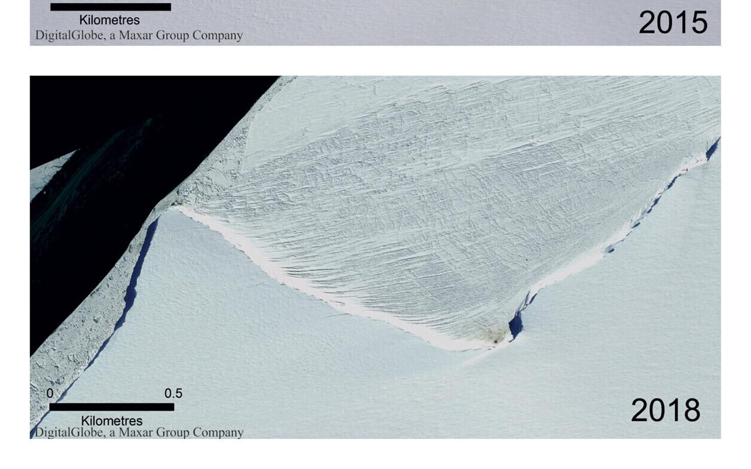 Satelliidipildid Halley lahe pingviinide alast 2015. aastal ja 2018. aastal. Pildi täissuuruseks vaatamiseks klõpsa fotol.