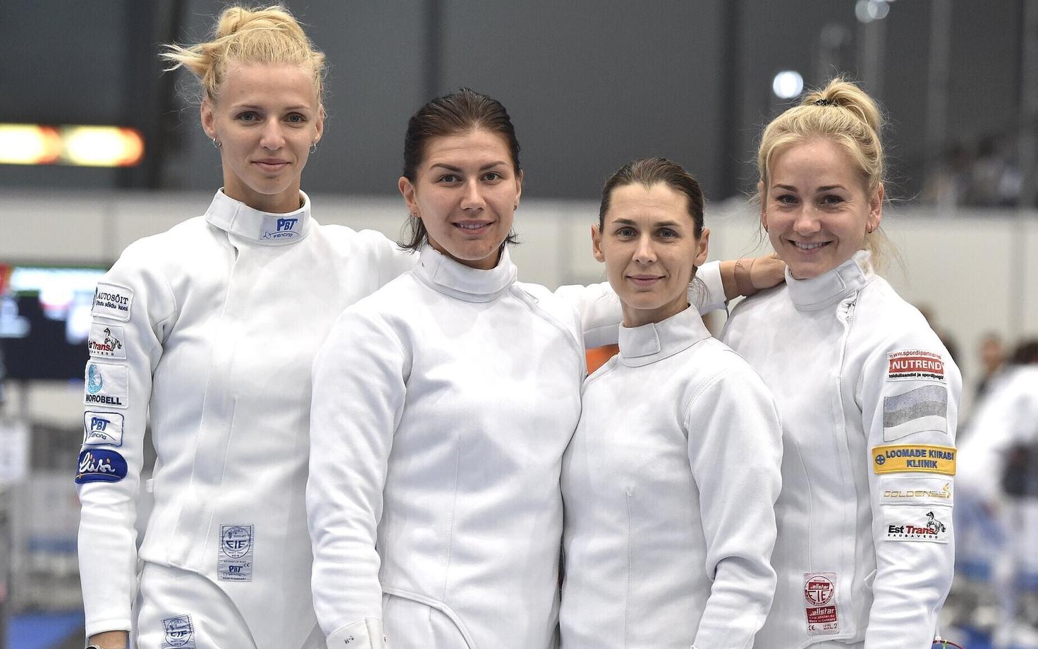 Women's épée team at the European Championships in Düsseldorf. From left, Katrina Lehis, Julia Beljajeva, Irina Embrich, and Kristina Kuusk.