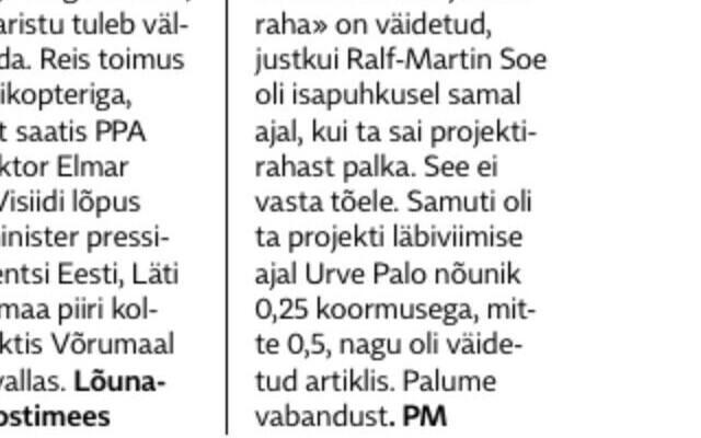 A screenshot shared by Ralf-Martin Soe on Facebook of the correction published by Postimees. Aug. 24, 2019.