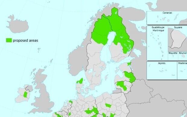 Õiglase Ülemineku Fondist toetust saavate piirkondade kaart.