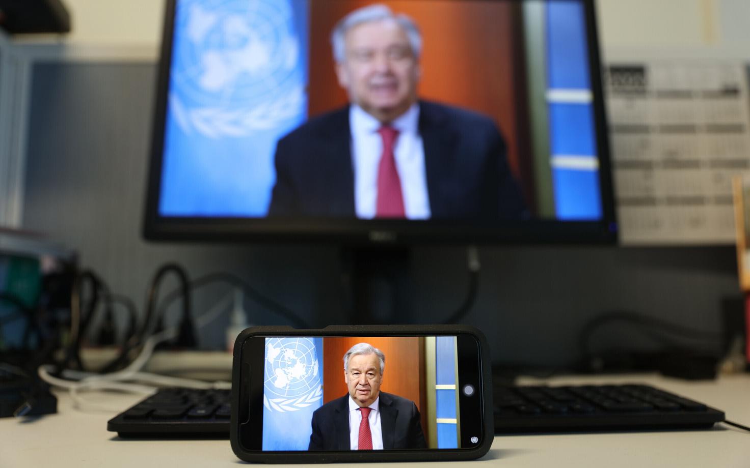 ÜRO peasekretär Antonio Guterres veebipressikonverentsil oma rahuinitsiatiivi tutvustamas.