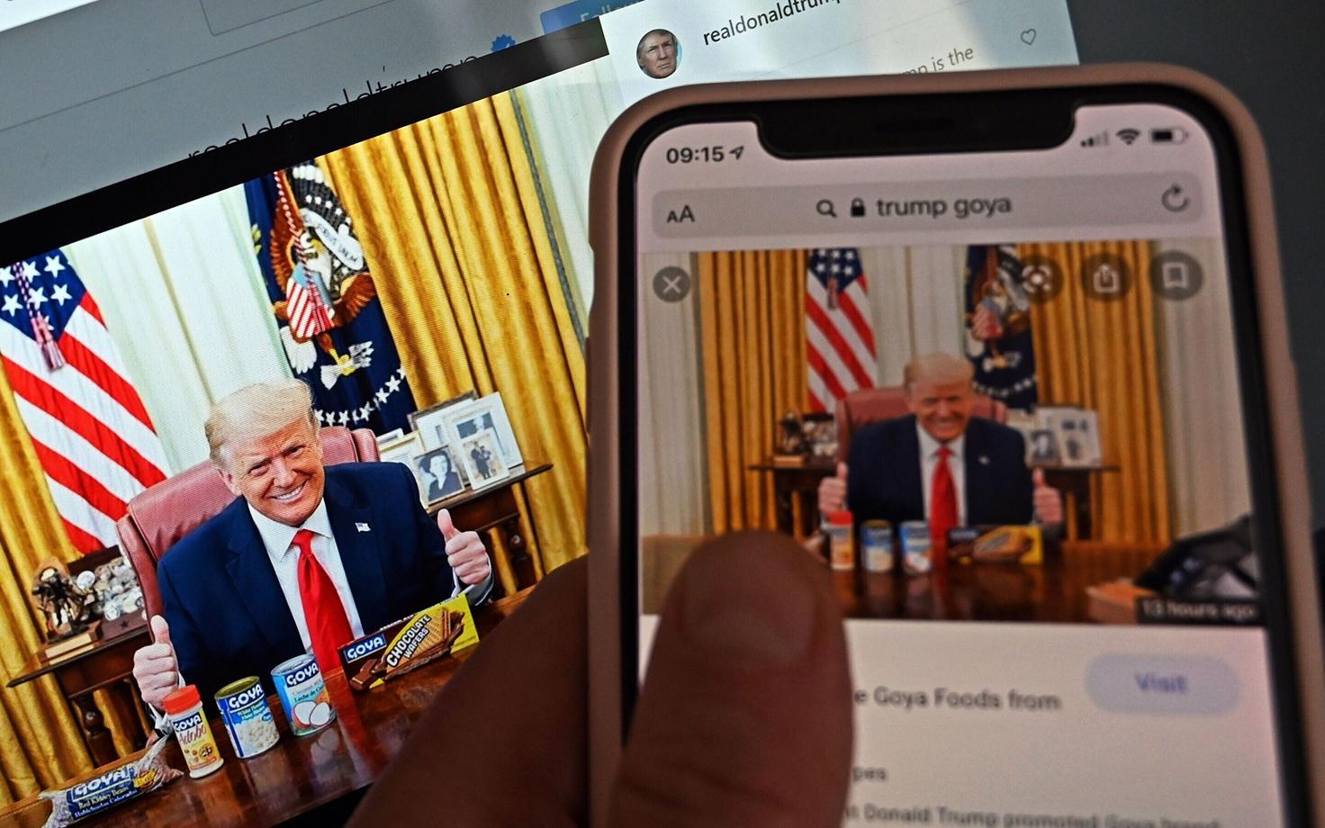 Instagrammi postitus sellest, kuidas USA president Ovaalkabinetis Goya kaubamärgi tooteid reklaamib.