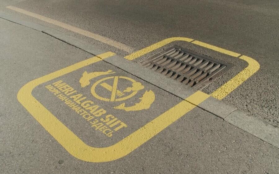 One of the painted street drain surrounds, which reads