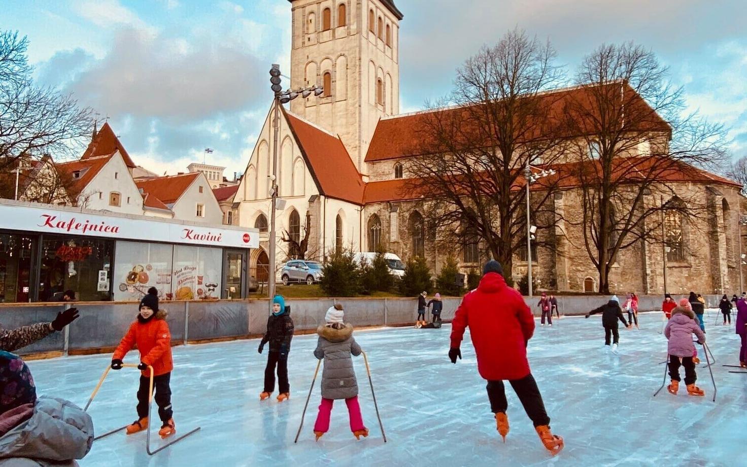 Skaters on the Harju tänav ice rink in Tallinn's Old Town-