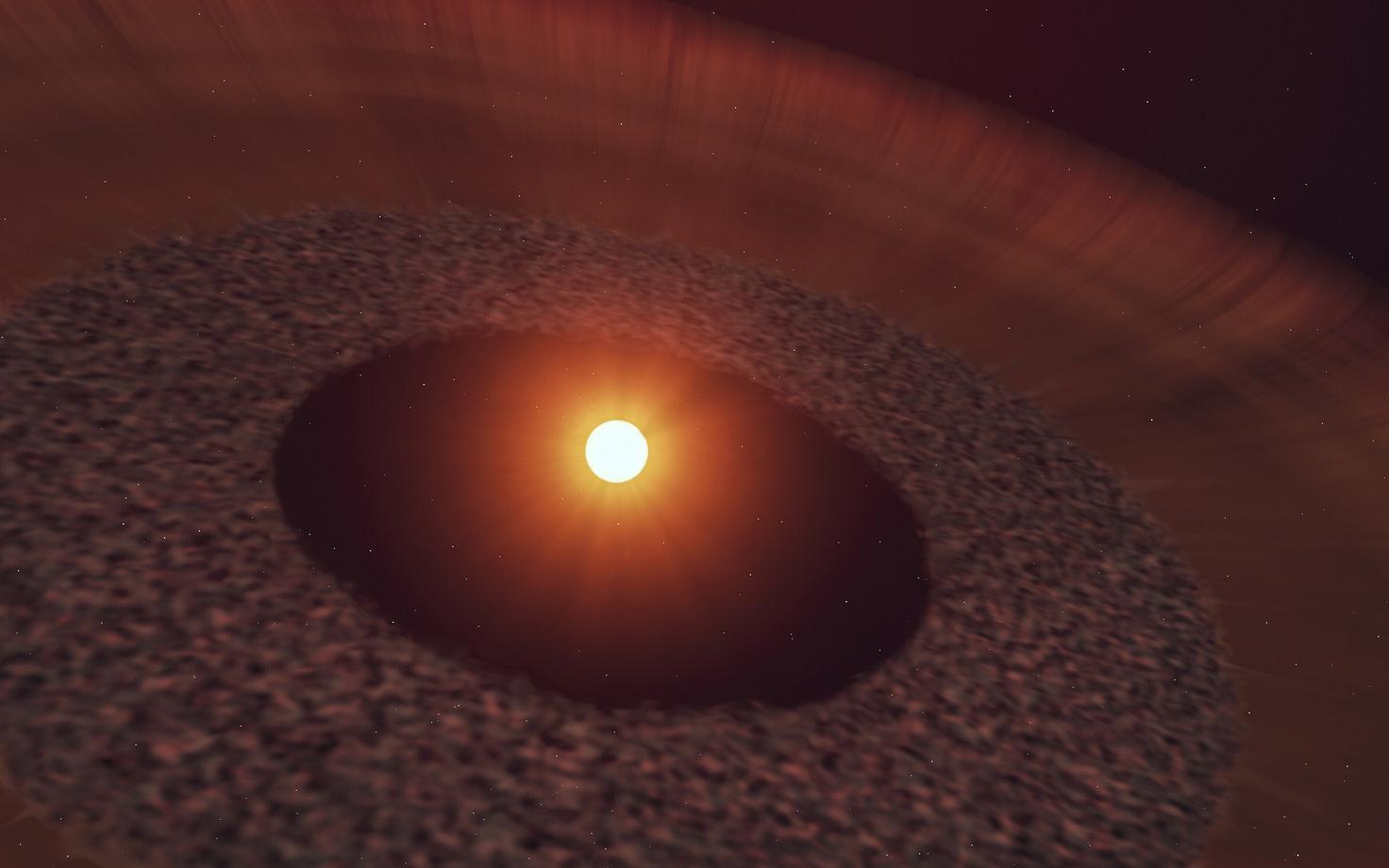 Kunstniku illustratsioon NO Lupi süsteemist. Keskel on täht, mille ümber on nn purdketas, kust tuleb gaas, mis hajub süsteemi välisaladele.