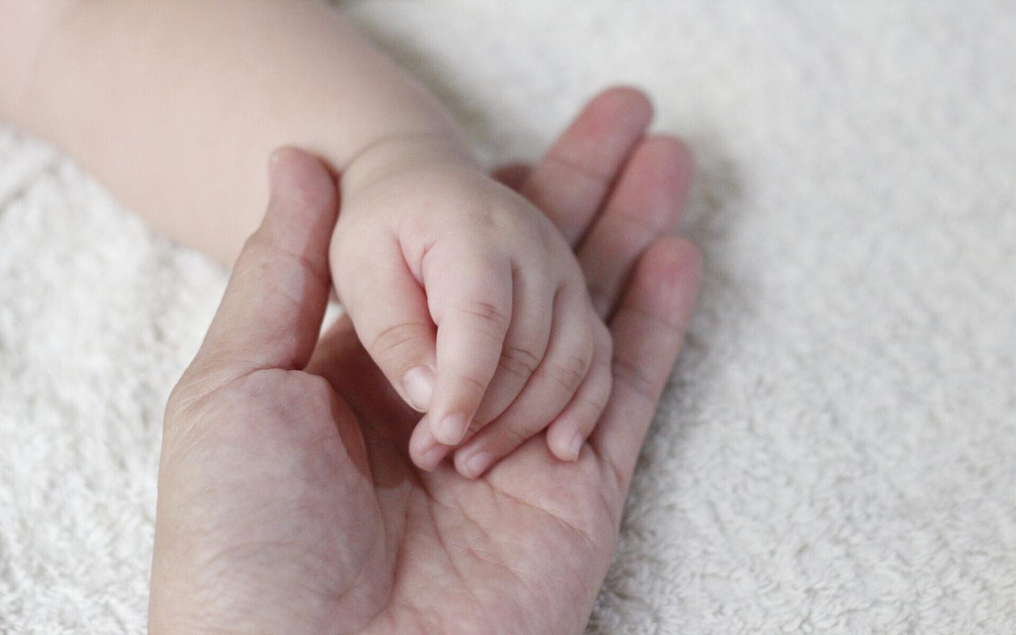 A baby's hand, juxtaposed against an adult's.