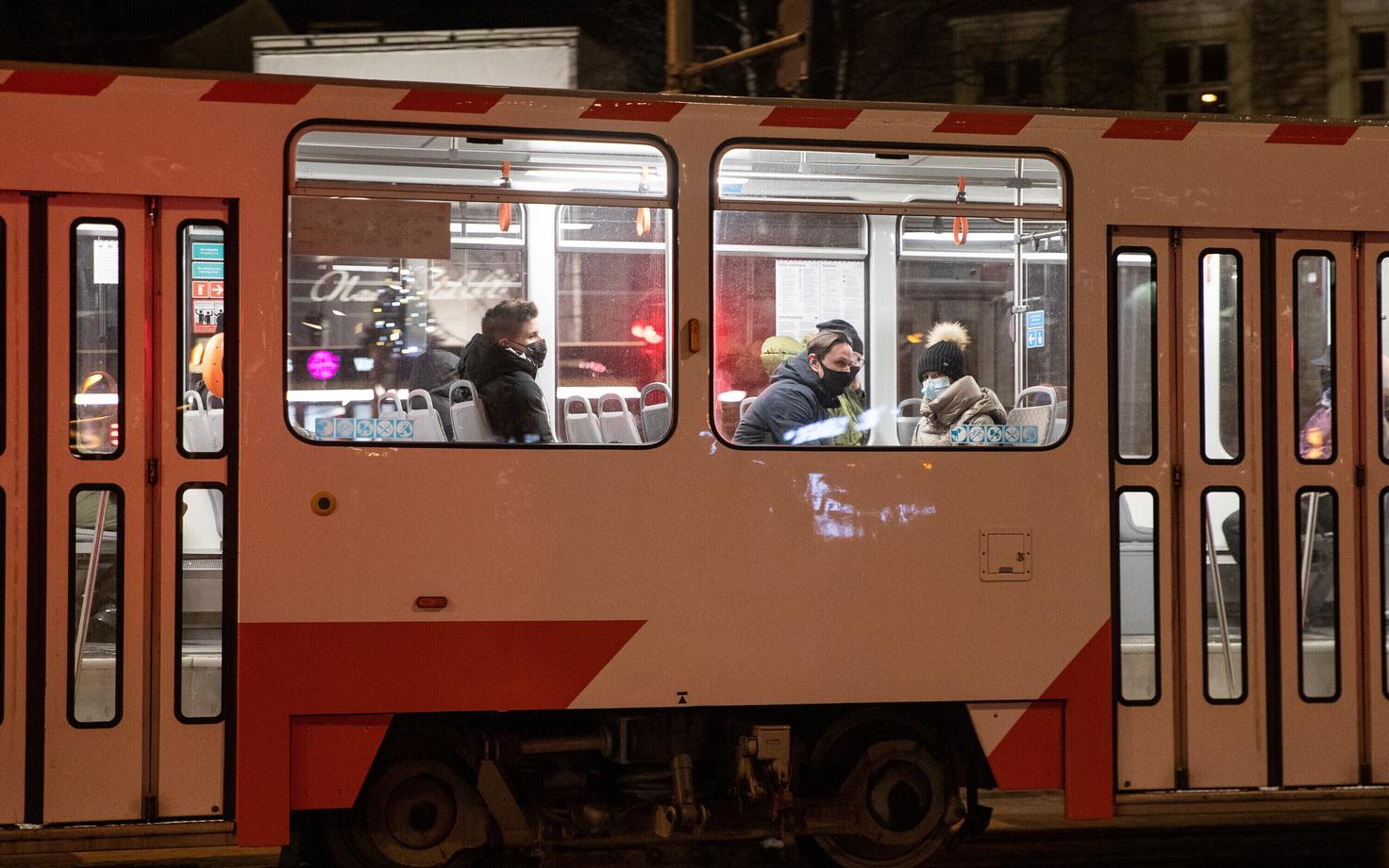 Passengers wearing masks on a Tallinn tram.