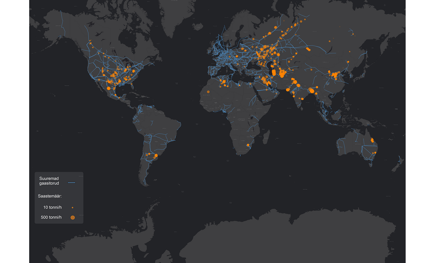 Ulatuslikumate metaanilekete asukoht kattub ligilähedaselt paljude suuremate gaasitorude ja maardlatega.