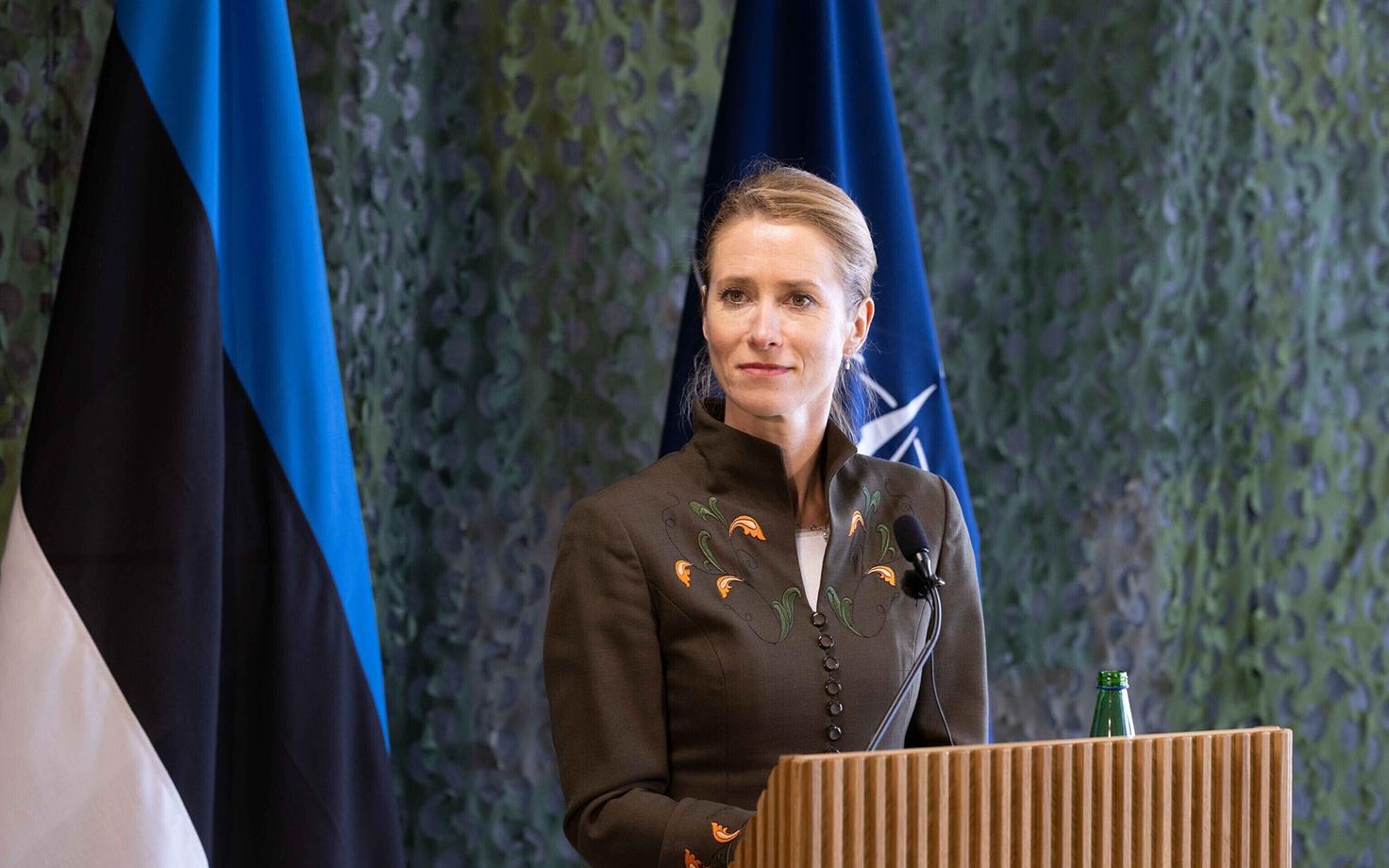 Prime Minister Kaja Kallas at a press conference at the Tapa Military Campus.