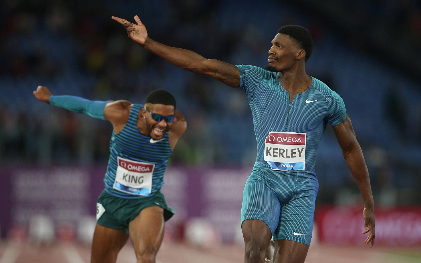 Fred Kerley võitmas 100 m jooksu