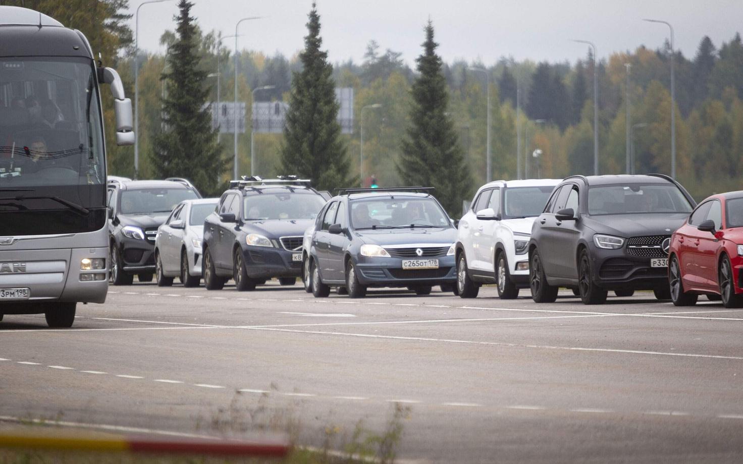 Russian-registered vehicles wait at the Vaalimaa border crossing.
