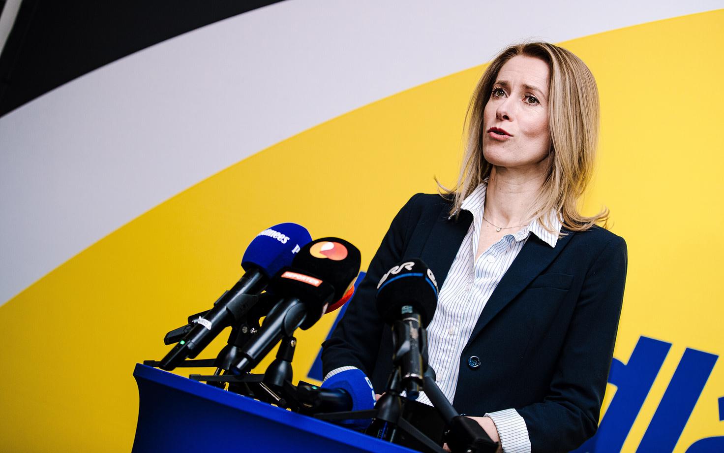 Reform Party chair Kaja Kallas speaking at a press conference on Monday. March 6, 2023.