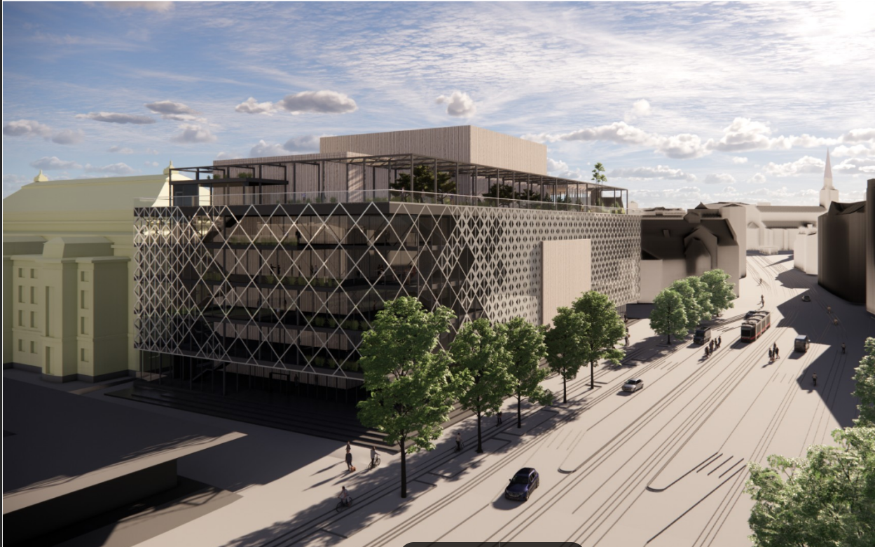 Estonia juurdeehituse mahuanalüüs-eskiis. See kujutab ehitise mahtu, mitte väljanägemist.