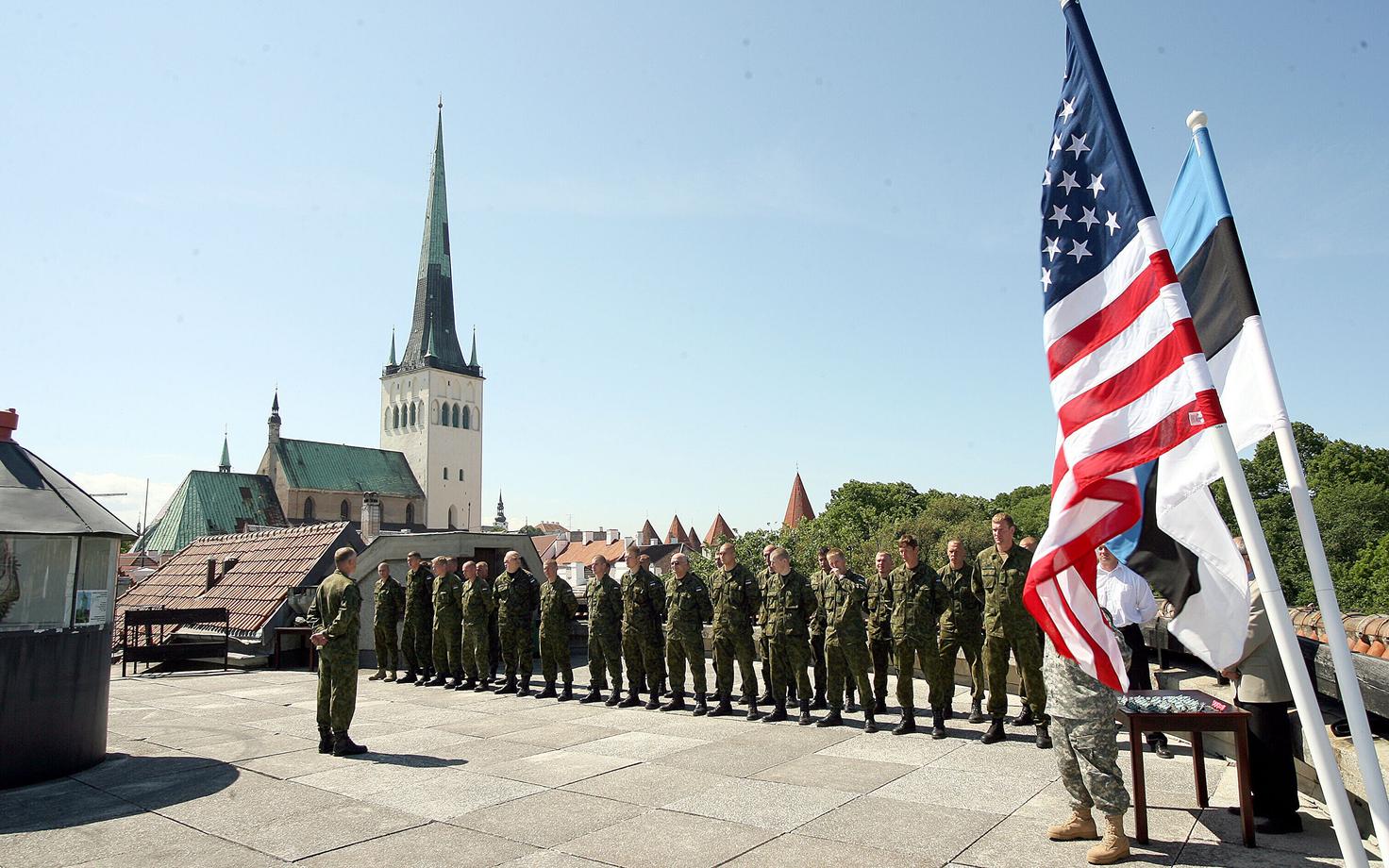 Joint Estonian-U.S. military formation in Tallinn's Old Town.