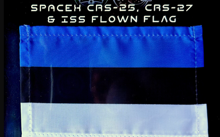 The Estonian national flag which recently returned from 275 days in earth orbit with the ISS.