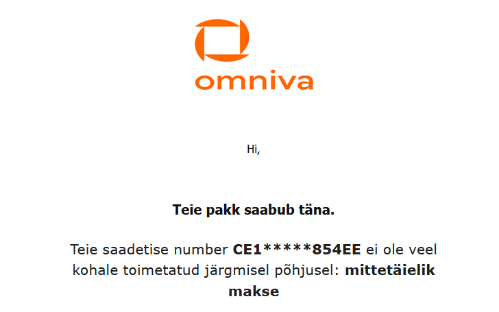 Фишинговое письмо, отправленное от имени Omniva.