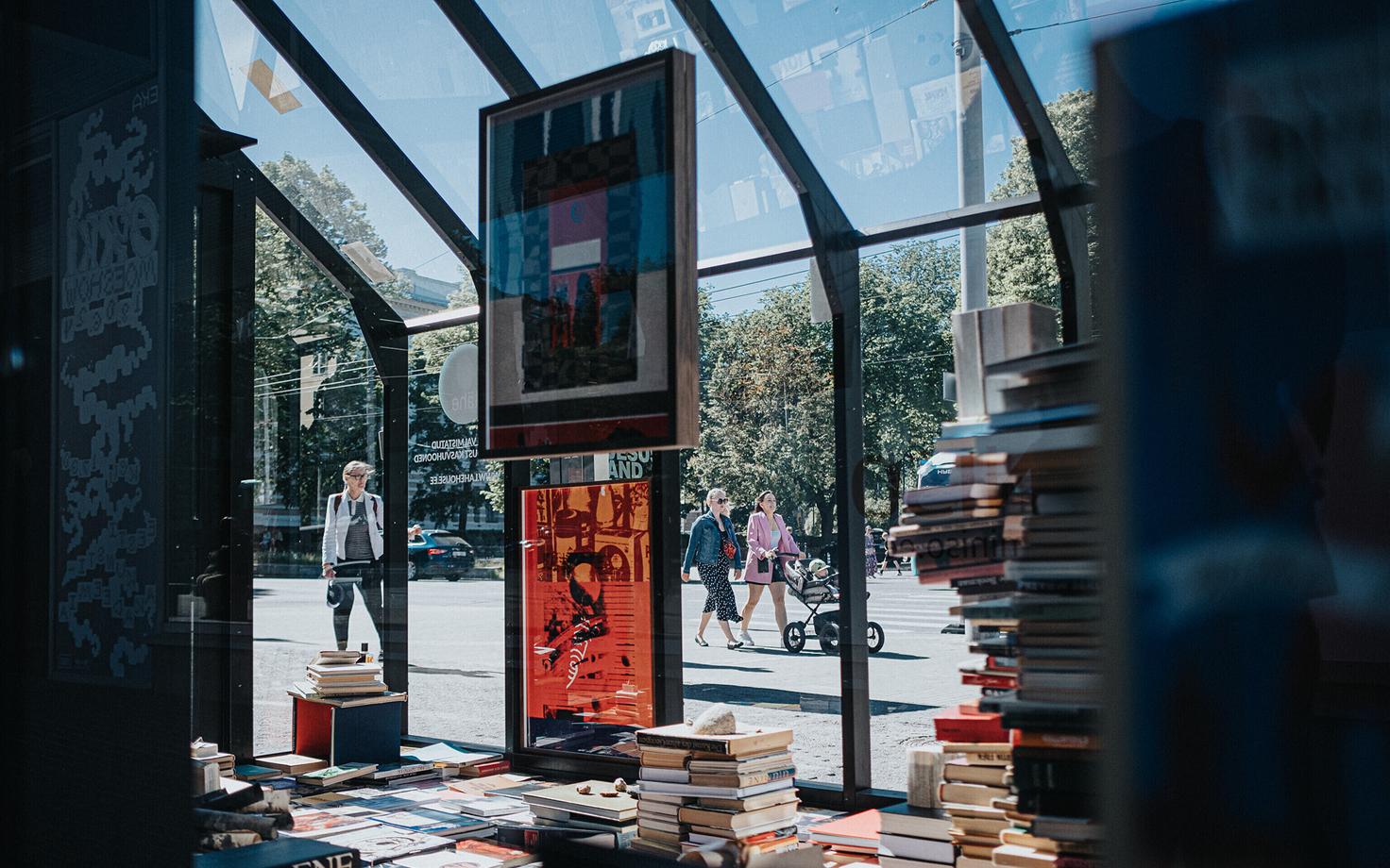 Abandoned books exhibition at Solaris Center's front glass greenhouse