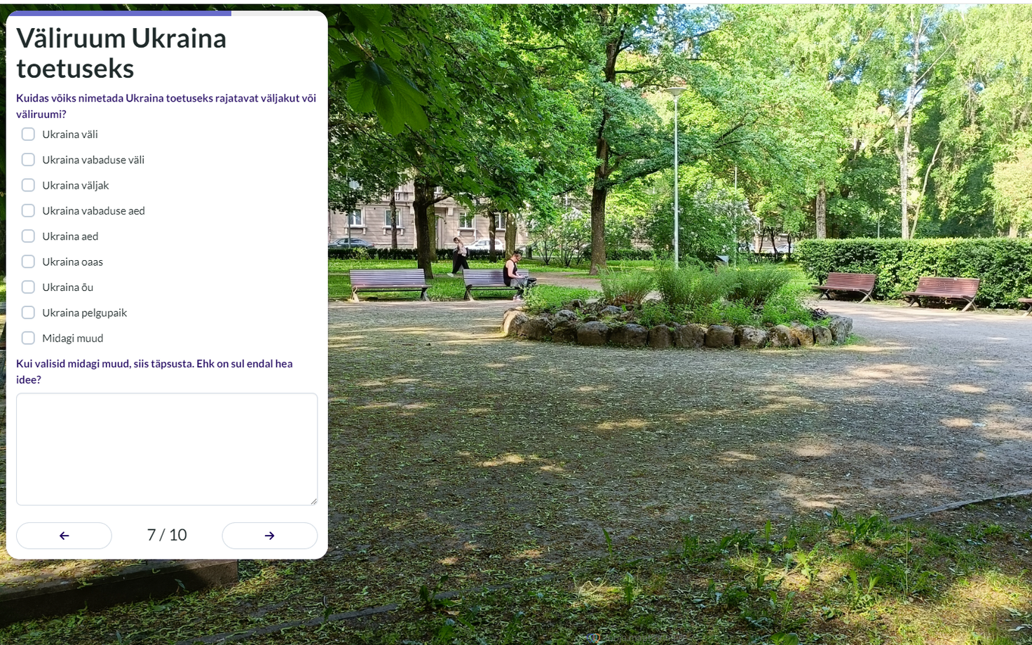 В числе прочего горожан спрашивают, как именно назвать посвященную Украине площадь в парке Лембиту.