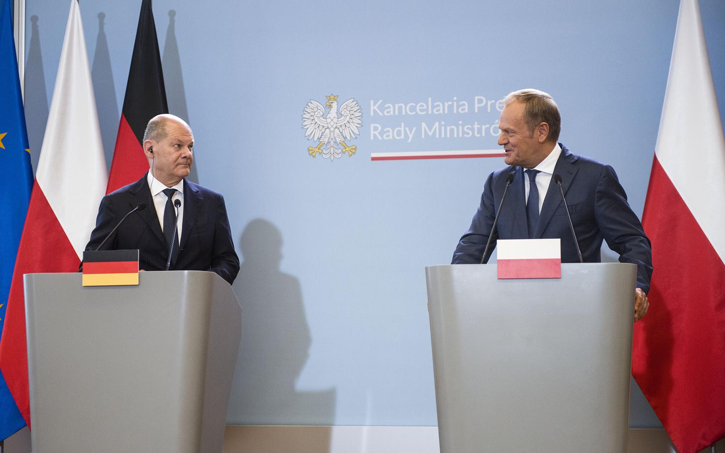 Saksa kantsler Olaf Scholz ja Poola peaminister Donald Tusk juuli algul pressikonverentsil pärast kahe riigi valitsuste ühisistungit.