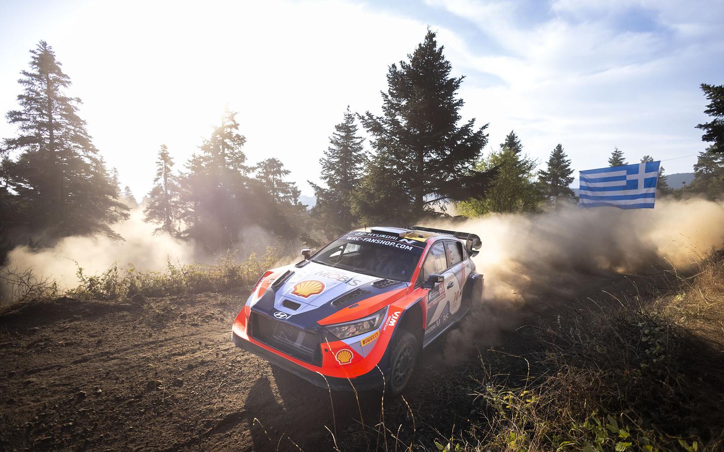 Ott Tänak and Martin Järveoja in the Hyundai i20 in Greece Friday.