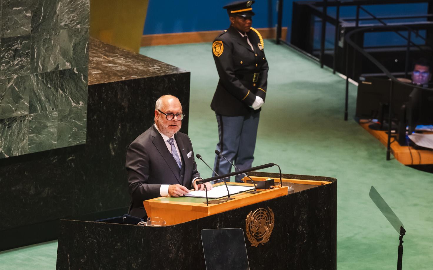 President Alar Karis ÜRO Peaassambleel kõnet pidamas.